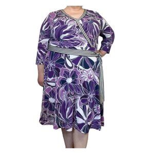 Leota Banded Perfect‎ Wrap Dress Retro Floral Border Acai Size 2X Office Career
